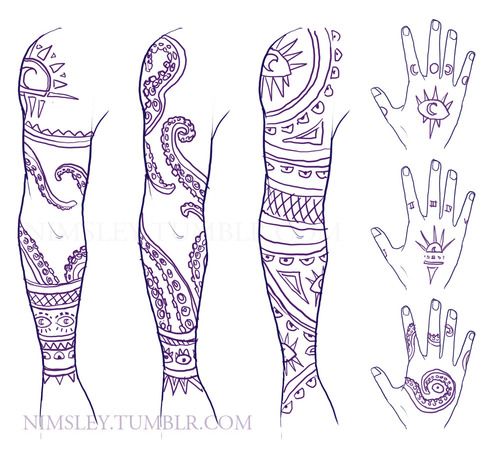 four different types of tattoos on the arms and hands, all in purple ink with paisley designs