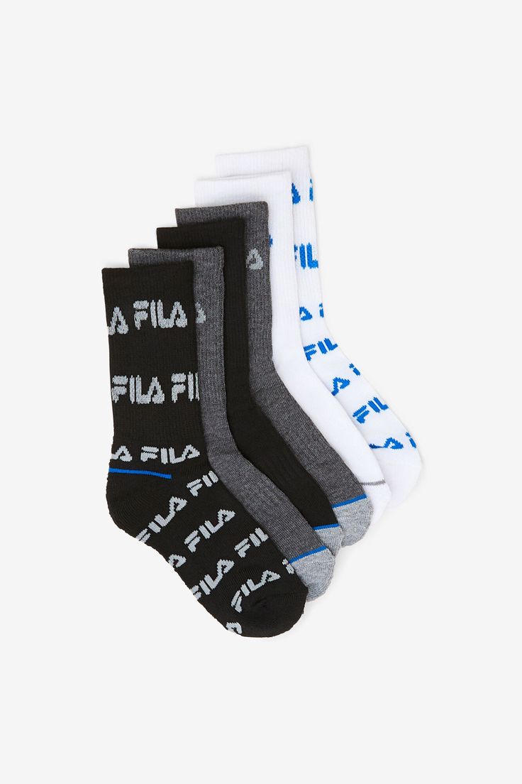 FL355828-015-9/11. knitted FILA logo on leg. cushioned heel. crew silhouette. multi-color 6-pack assortment. Style # FL355828.  Division: Accessories.  [New > Must-Haves > Socks, Hats & Accessories] Fila Logo, Hats Accessories, Crew Sock, 6 Packs, 6 Pack, Crew Socks, Division, Multi Color, Socks