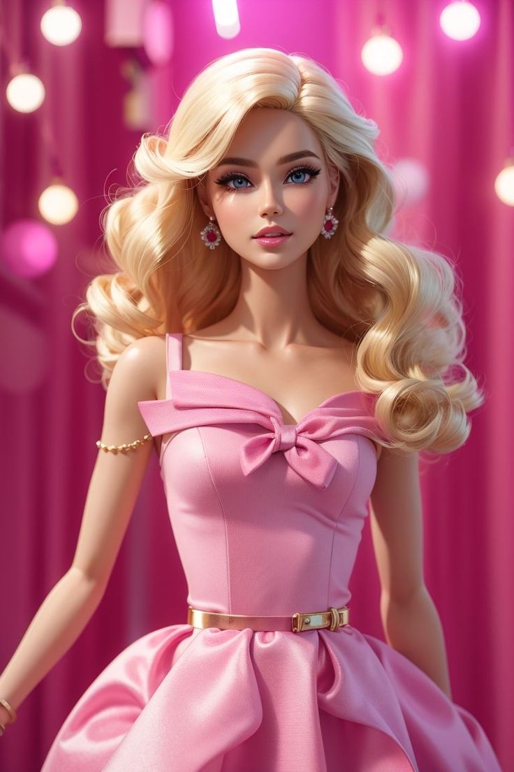 a barbie doll with blonde hair wearing a pink dress