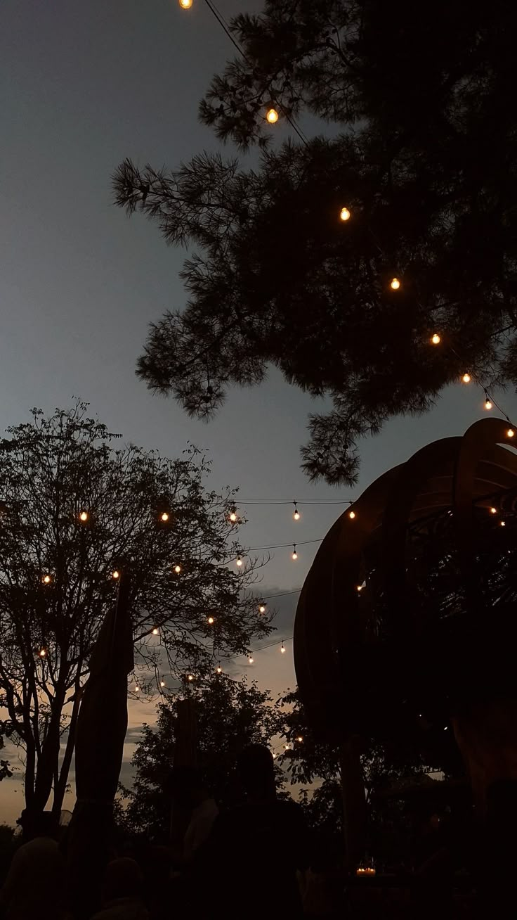 people are sitting under string lights in the dark