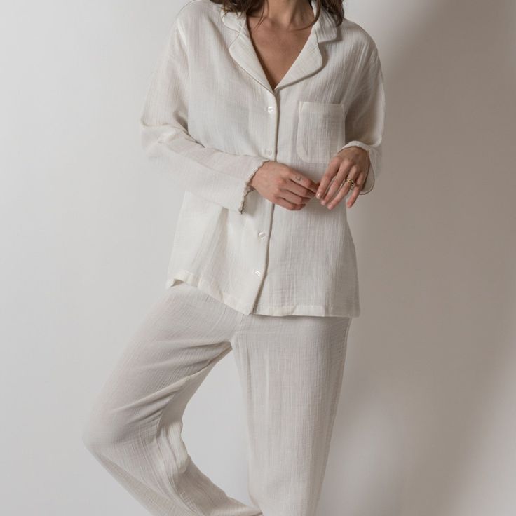 Alaia Long PJ Set - House No.23 Relaxed Solid Color Sleepwear For Loungewear, Relaxed Solid Sleepwear For Loungewear, Cotton Sleepwear For Home In Solid Color, Cotton Sleepwear For Home, Solid Cotton Sleepwear For Home, Classic Relaxed Fit Sets For Daywear, Classic Sleep Sets With Relaxed Fit, Solid Color Relaxed Sleepwear, Classic Relaxed Fit Sleepwear For Lounging