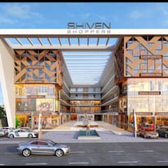 an artist's rendering of the entrance to a shopping center with cars parked in front