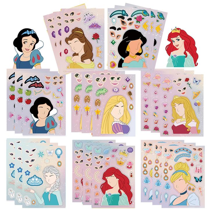 disney princesses stickers are shown in different styles and sizes, including one for each girl