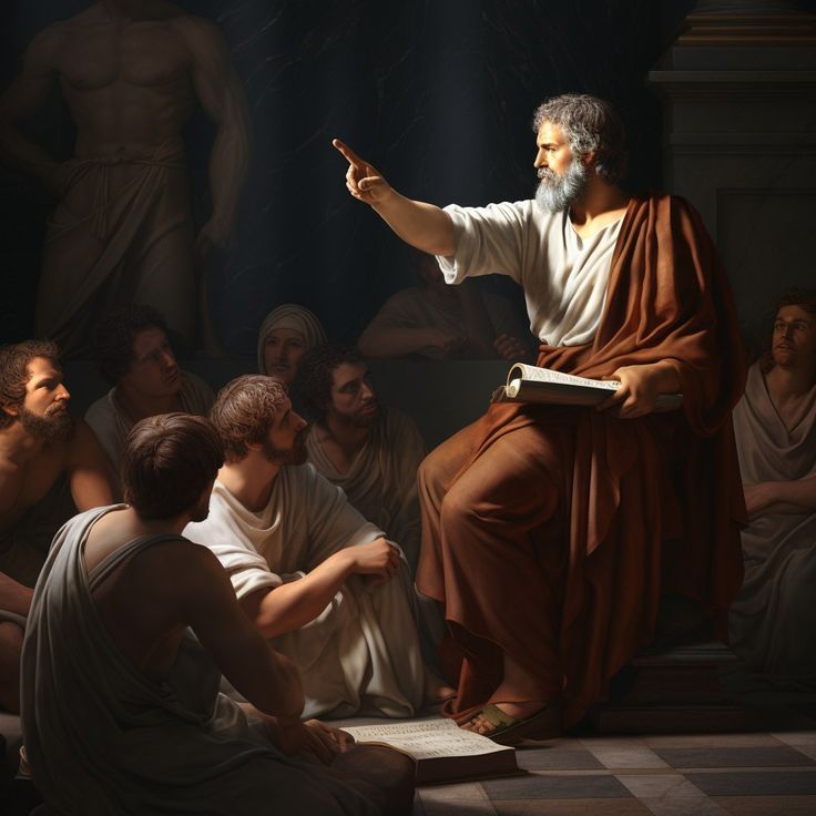 a painting of jesus pointing at people in front of him