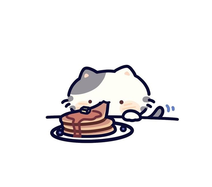 a drawing of a cat eating a stack of pancakes with chocolate sauce on the side