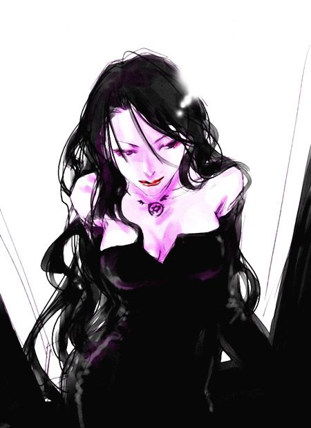 a drawing of a woman with long black hair and purple eyes holding a cell phone