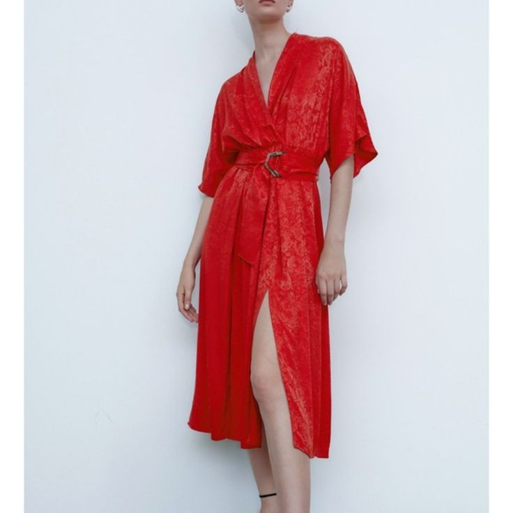 Zara Belted Jacquard Midi Dress Red Elegant Red Belted Midi Dress, Elegant Red Belted Dress, Red Belted Dress For Party, Red Belted Party Dress, Formal Red Belted Midi Dress, Red Belted Midi Dress For Formal Occasions, Red Belted V-neck Dress, Red Belted Midi Dress, Red Belted Midi Dress For Summer