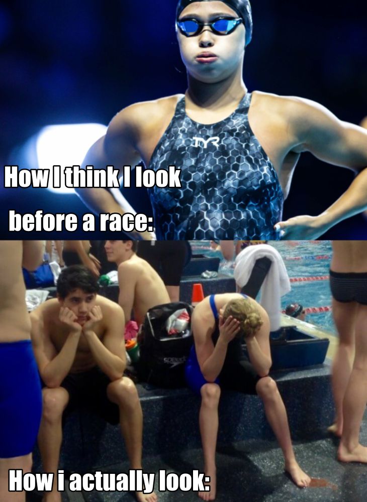 two pictures of people in swim suits and one has their hands on his face while the other