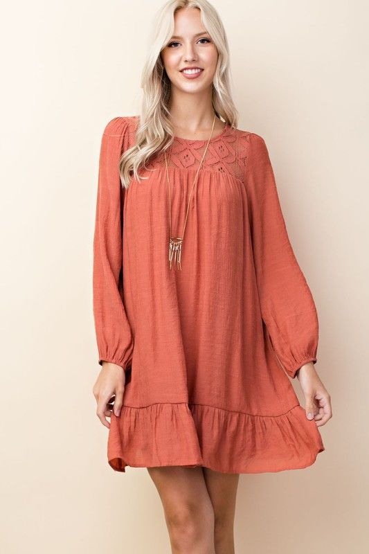 Pleated Ruffle Shift Dress   Shop at mistyboutique.com Casual Long Sleeve Dress For Date Night, Casual Long Sleeve Boho Dress For Fall, Flowy Midi Length Long Sleeve Casual Dress, Flowy Long Sleeve Midi Dress In Casual Style, Casual Flowy Long Sleeve Midi Dress, Casual Long Sleeve Flowy Midi Dress, Chic Flowy Long Sleeve Dress For Fall, Casual Boho Dress With Ruffle Hem For Spring, Feminine Mini Dress For Fall