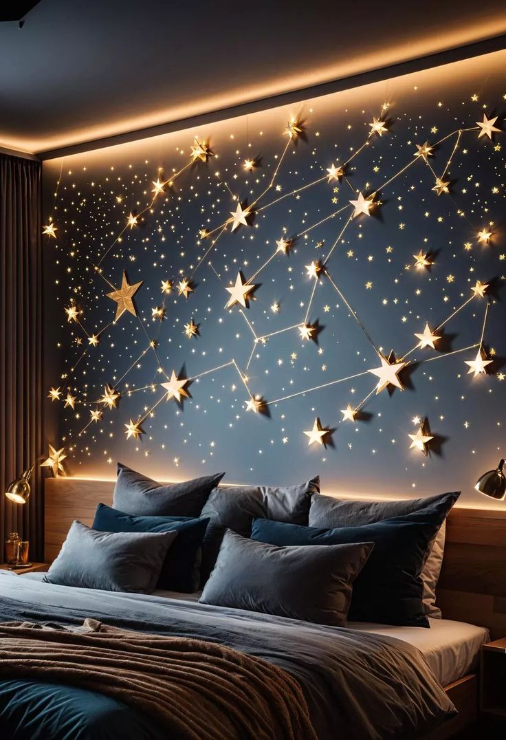 a bedroom with stars on the wall and blue bedding in front of it,