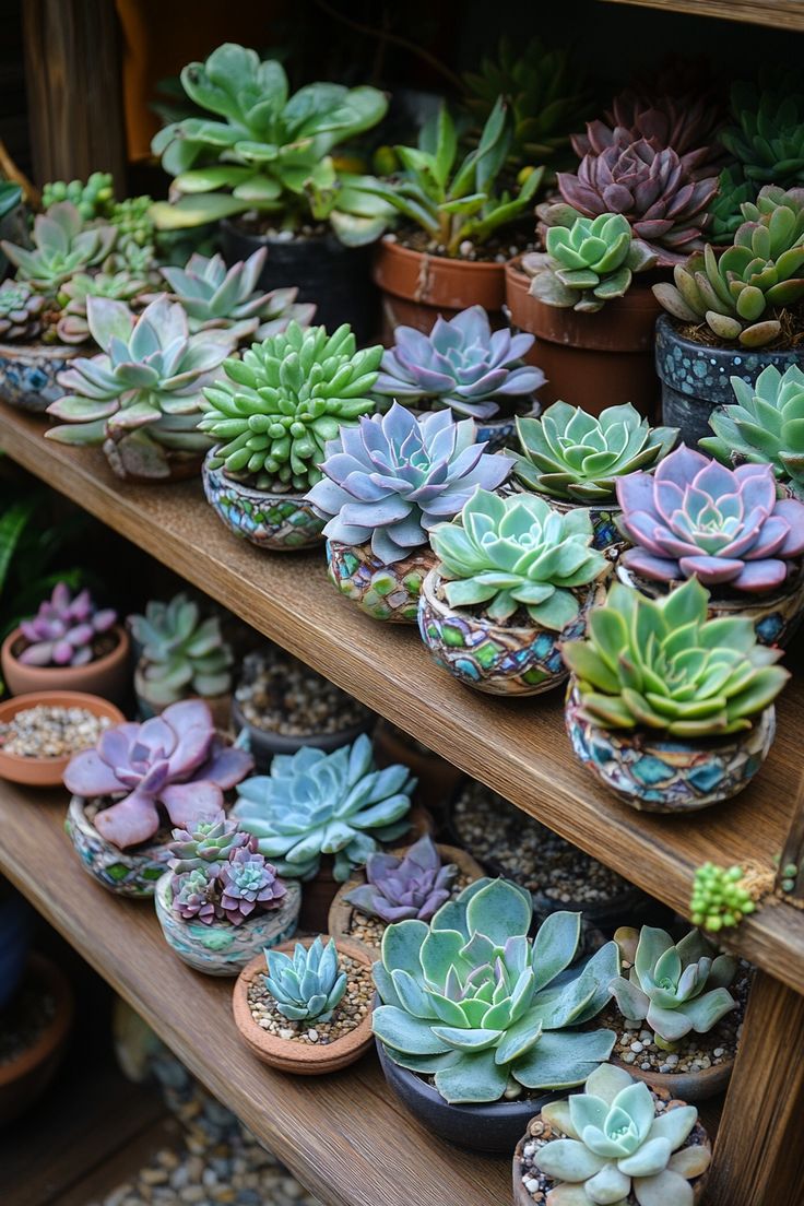 there are many succulents on the shelves