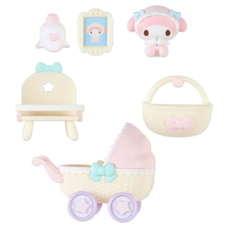 a set of toys including a baby carriage and other items