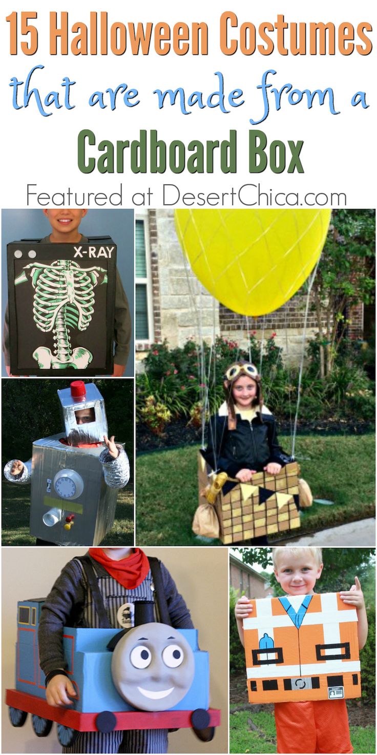 halloween costumes for kids that are made from cardboard boxes and paper machs with text overlay