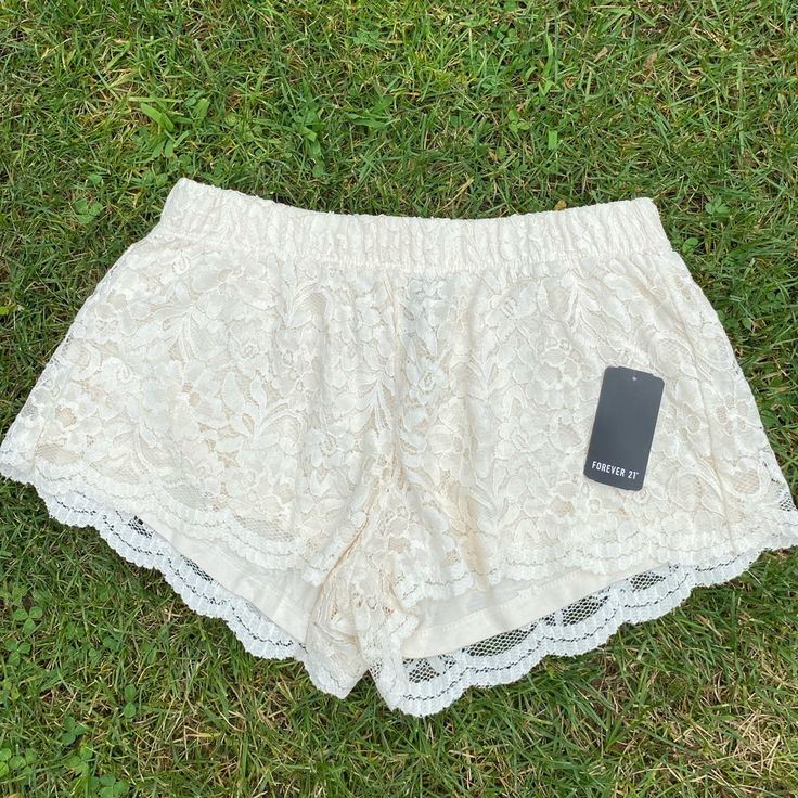 Never Worn, Nwt Perfect Condition, True To Size Trendy White Pajama Shorts For Spring, Chic White Summer Pajama Shorts, Forever 21 Beige Summer Bottoms, Forever 21 White Spring Bottoms, Forever 21 Shorts For Summer Day Out, Trendy Cream Shorts For Summer, Forever 21 White Summer Shorts, Forever 21 White Shorts For Spring, Forever 21 White High-waisted Shorts