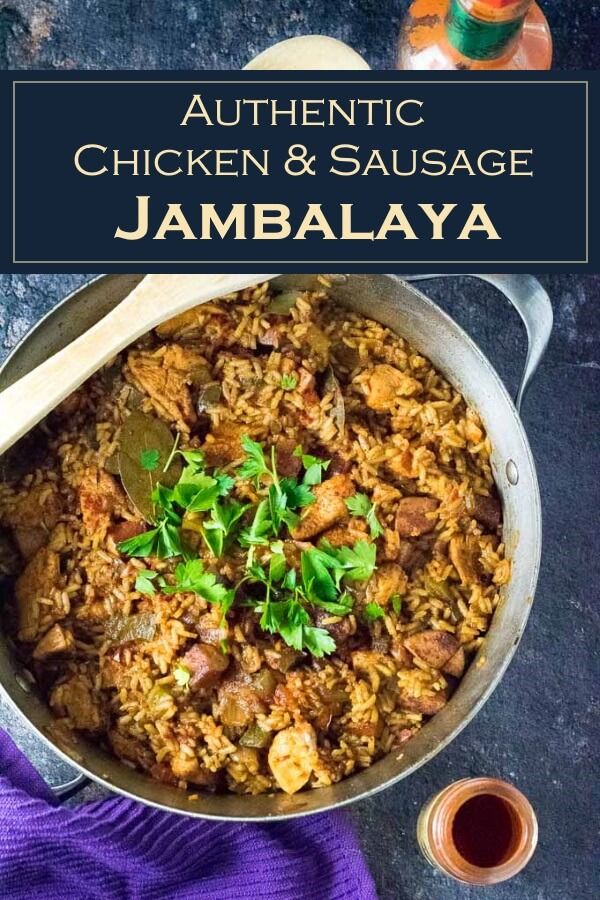 authentic chicken and sausage jambalya in a pan