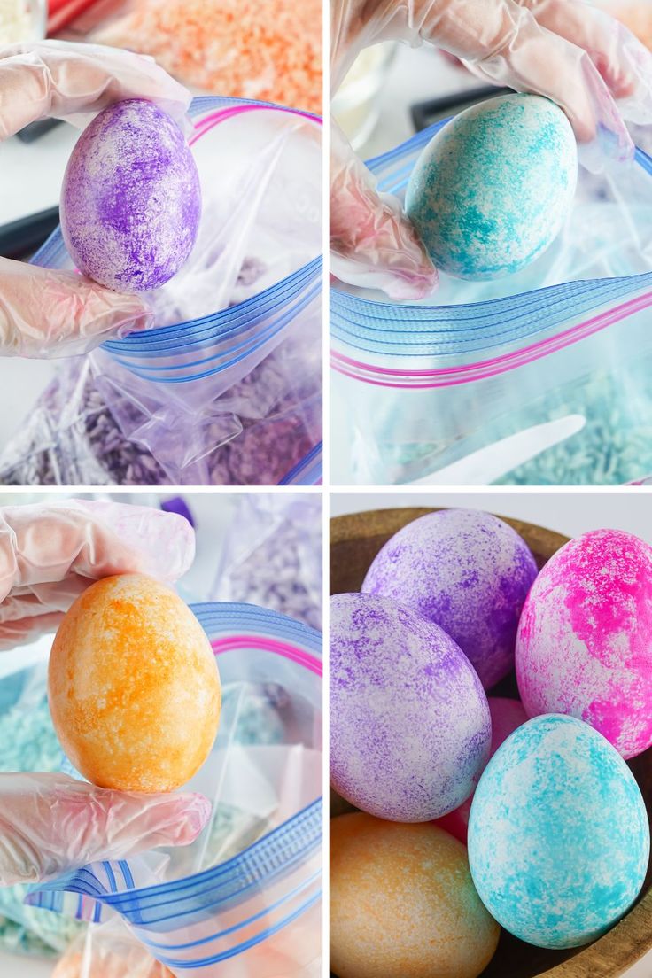 four pictures show how to dye easter eggs with colored powder and sprinkles