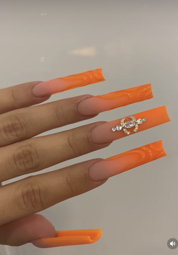 Orange Xl Acrylic Nails, Orange Acyrilics Nails, Orange Bottom Nails, Orange Nail Inspo Acrylic, Orange And Silver Nails, Vacation Nails 2023, Neon Orange Acrylic Nails, Orange Prom Nails, Trendy Orange Nails