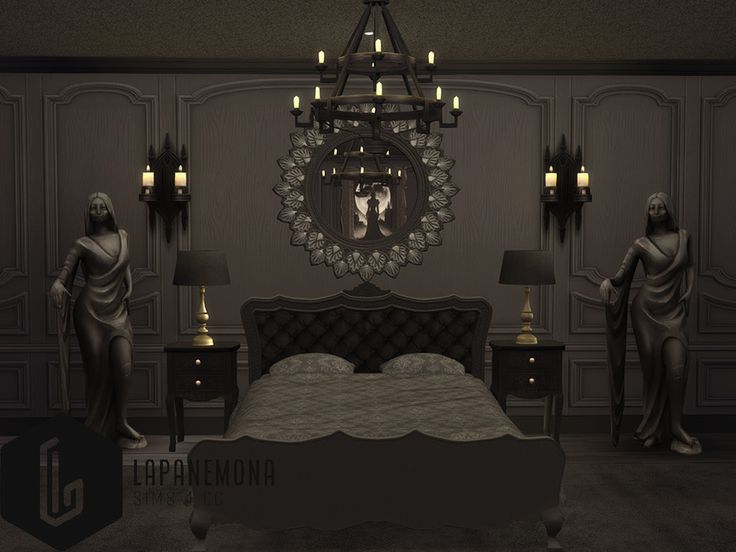 an image of a bedroom with statues and chandelier