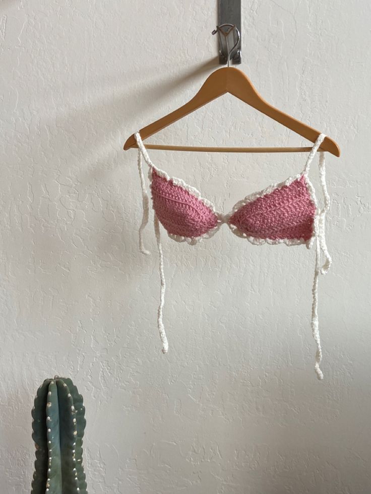 a crocheted bra hanging on a wooden hanger next to a cacti