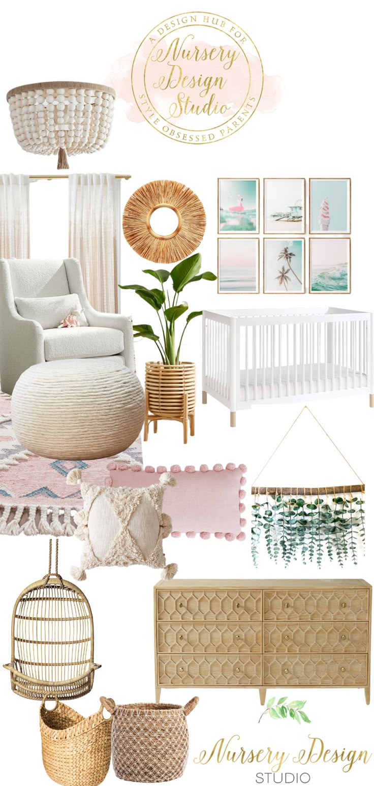 the interior design mood board is shown with white furniture and pink accents, including a wicker