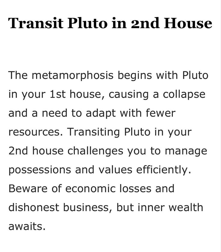 a white poster with the words transit pluto in two houses on it's side