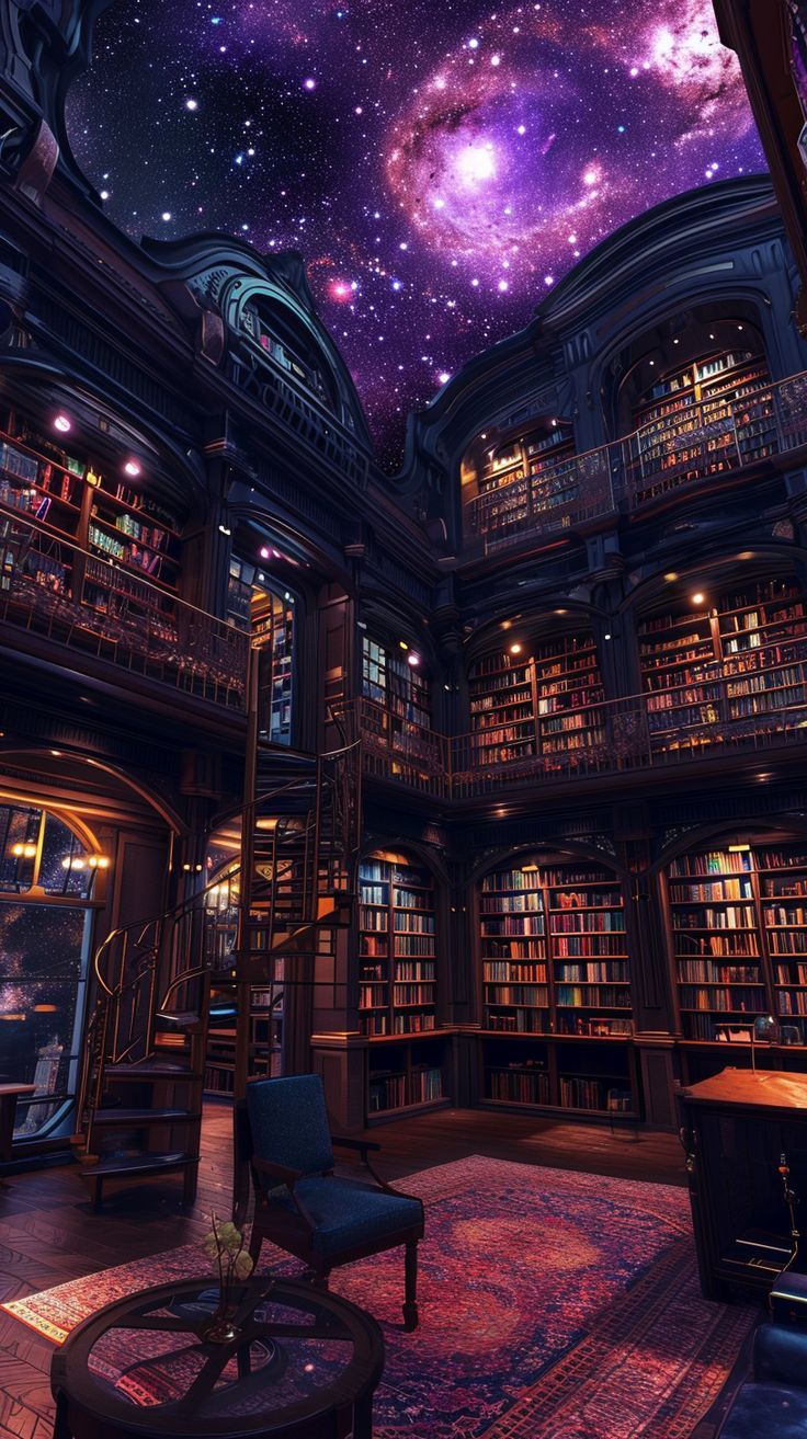 a library filled with lots of books under a purple and blue sky full of stars