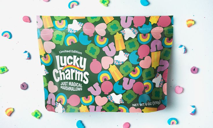 lucky charms candy bar wrapper surrounded by confetti and sprinkles