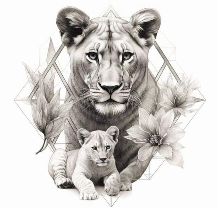 a pencil drawing of a lion and cub