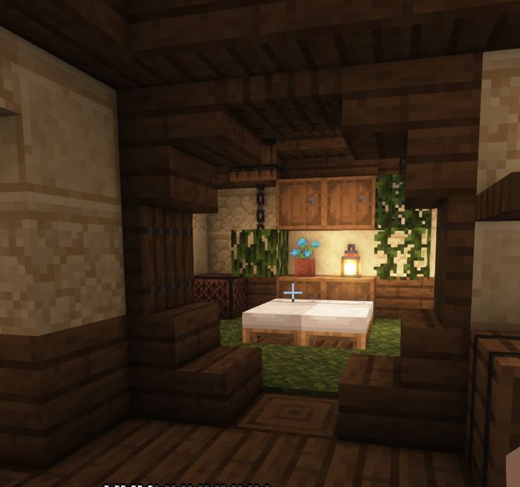 a bedroom with a bed and desk in the middle of it is minecraft style