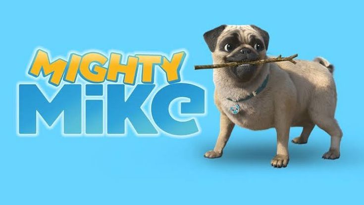 a pug dog with a stick in its mouth and the words mighty mike on it