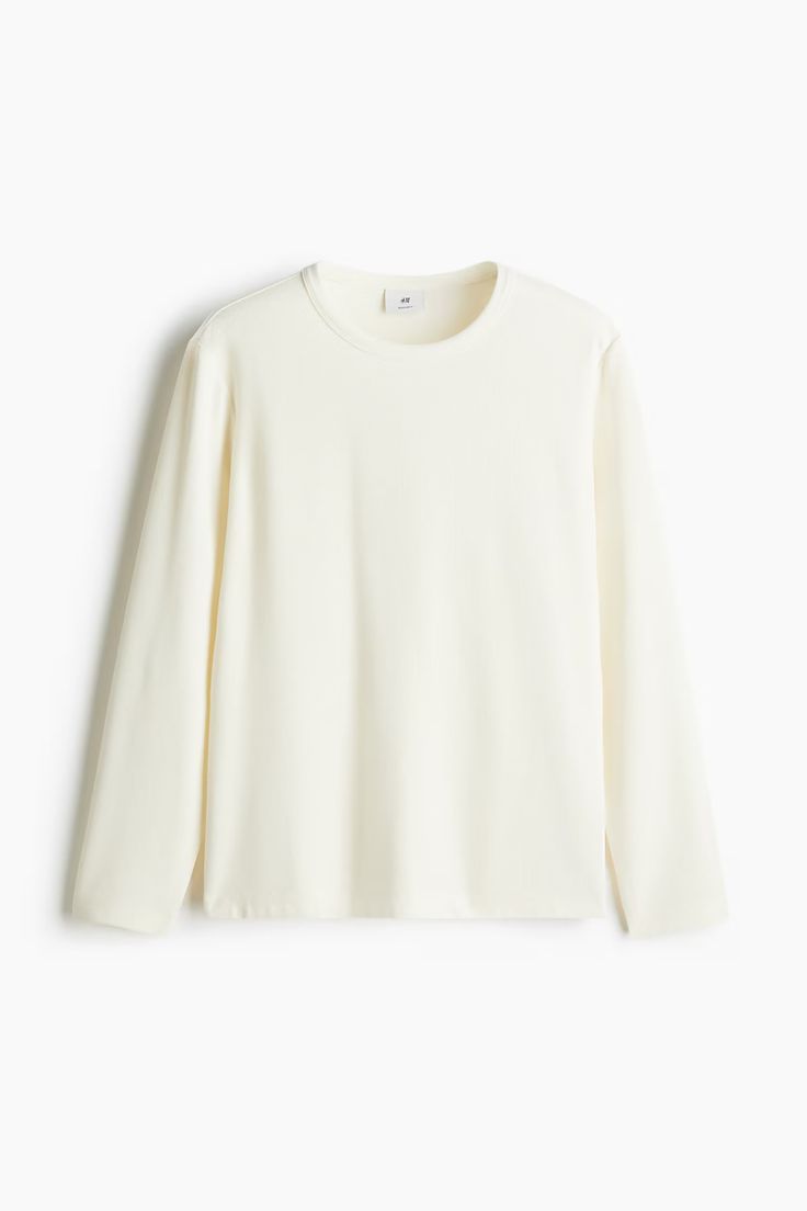 Regular Fit Long-Sleeved Waffled Shirt - Round Neck - Long sleeve - Cream - Men | H&M US Winter Long Sleeve T-shirt With Ribbed Cuffs, Basic Long Sleeve Crew Neck Top For Fall, Ribbed Long Sleeve T-shirt For Fall, Fall Crew Neck Tops With Double-needle Sleeve, Casual Long Sleeve T-shirt With Ribbed Neckline, Ribbed Cotton Crew Neck Long Sleeve Top, Basic Crew Neck Tops With Ribbed Cuffs, Cotton Ribbed Crew Neck Long Sleeve Top, Fall Crew Neck Long Sleeve Top