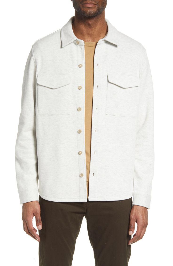 A soft interior adds extra warmth to this cotton-blend shirt-jacket that's hefty enough to wear as a layer yet still light enough to stand on its own. 28" Length (Size M) Spread collar Long sleeves with button cuffs 86% cotton, 14% polyester Machine wash, tumble dry Imported Casual Cream Collared Shacket, White Collared Shacket With Relaxed Fit, White Cotton Shacket For Work, Unstructured Long Sleeve Winter Shacket, Long Sleeve Utility Jacket With Pockets For Layering, White Collared Shacket For Everyday, Cream Long Sleeve Everyday Shirt, Relaxed Fit Shirt For Winter Layering, Everyday Cream Collared Shacket