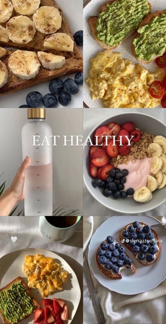 there are pictures of different foods and drinks on the table, including bread, berries, avocado, strawberries, blueberries, banana slices