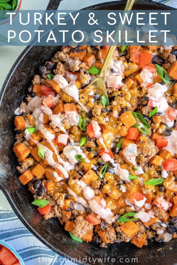 turkey and sweet potato skillet in a cast iron skillet