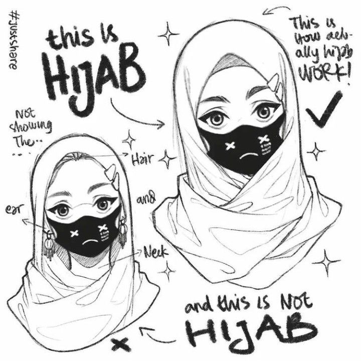 two women wearing face masks with the words hijab written in black and white