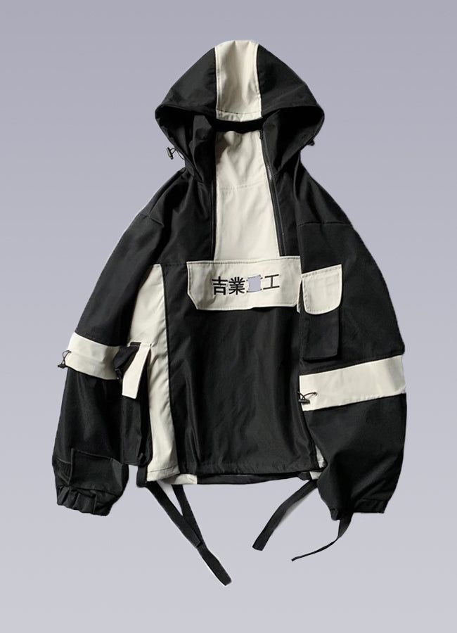 Keep the elements at bay with the thick, lightweight Kanji Windbreaker: the unmissable techwear jacket. Introducing the Kanji Windbreaker, the ultimate fusion of Japanese streetwear and cutting-edge techwear. This windbreaker is a must-have for the young urban dweller who demands style and functionality from their wardrobe. Crafted with the finest cotton and polyester, this techwear long jacket is lightweight and comfortable, yet thick enough to provide superior protection from the elements. Its large cargo pockets on the front and sleeves allow you to carry all your essentials while on the go, and the big hood provides ample coverage when you need to hide from the rain or prying eyes. With its double zipper at the front, the Kanji Windbreaker creates a high and solid collar to add protect Japanese Techwear, Techwear Jacket, Apocalyptic Clothing, Japanese Hoodie, Techwear Pants, Techwear Outfits, Technical Clothing, Japanese Streetwear, Long Jacket