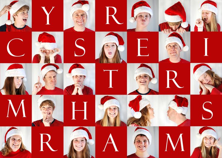 a group of people wearing santa hats and posing for a christmas photo collage with the letters yr, c, h, r, m, person '