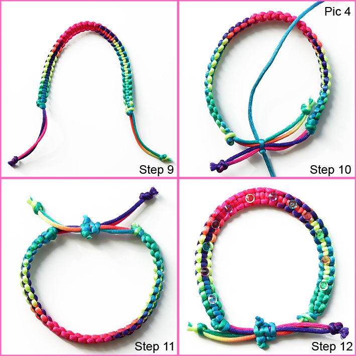 four different types of bracelets with beads on each side and the words, step by step