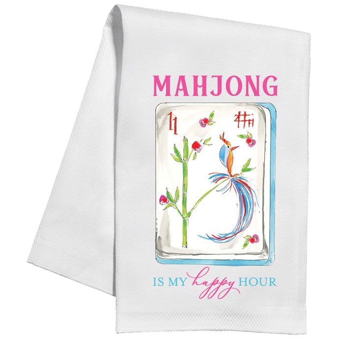 a white towel with an image of a bird on it and the words mahjong is my happy hour