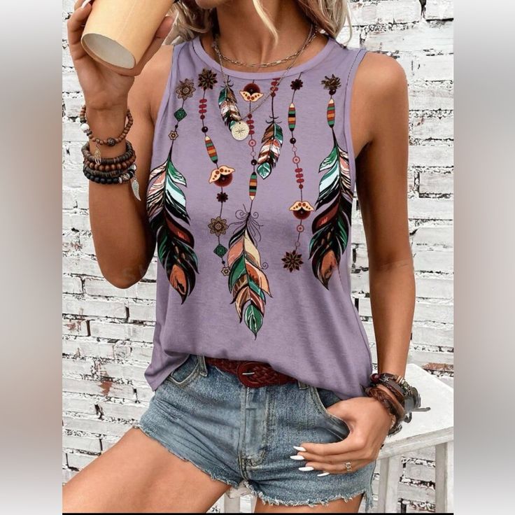 This Is A Listing Created For A Posh Show. Join A Posh Show To Learn More! Casual Printed Festival Tank Top, Casual Printed Tank Top For Festivals, Printed Sleeveless Tops For Fall, Purple Tops For Beach In Fall, Purple Tops For Fall Vacation, Purple Fall Tops For Vacation, Casual Purple Tank Top With Floral Print, Bohemian Sleeveless Tops For Fall, Casual Purple Tops For Fall Vacation