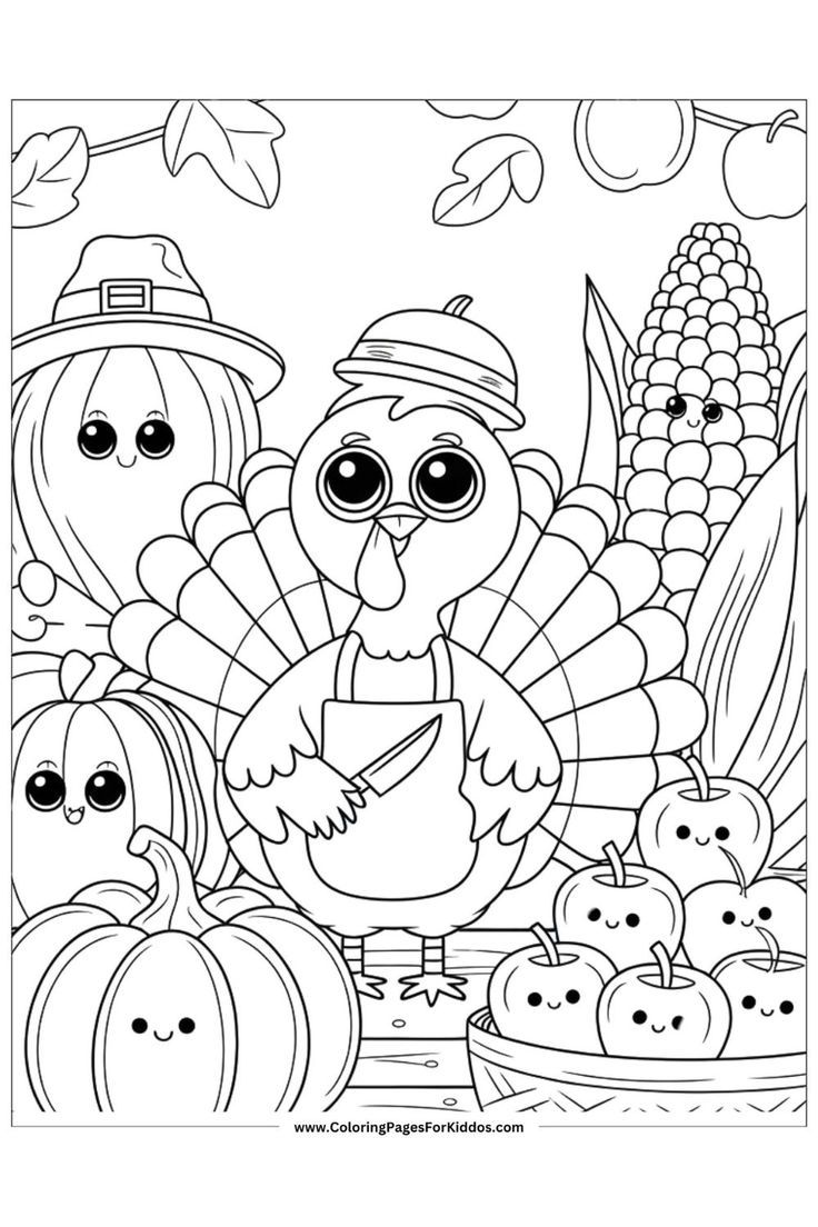 A Thanksgiving-themed scene with a smiling turkey, pumpkins, and corn, ideal for fall coloring. Fall Coloring Pages November, Coloring Pages For November, Fall Coloring Activities, 4th Grade Coloring Pages, November Coloring Sheets Free Printable, Coloring Pages Thanksgiving For Kids, Kids Thanksgiving Coloring Pages, Thanksgiving Colouring Printables, Coloring Pages November