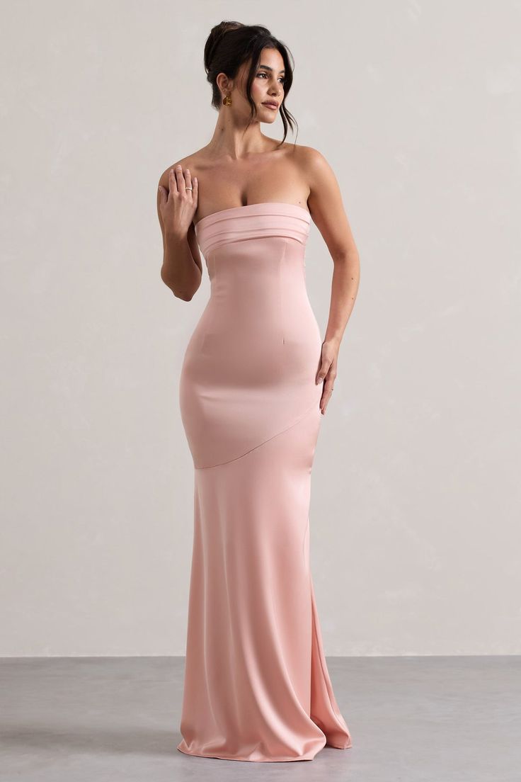 Colada Pink Satin Pleated Bandeau Maxi Dress – Club L London - USA Midi Bridesmaid Dress, Bandeau Maxi Dress, Club L London, Black Dress Prom, Pink Shade, Party Dress Long Sleeve, Black Sequin Dress, Black Velvet Dress, Feather Dress