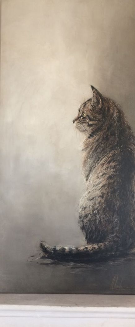 a painting of a cat sitting in front of a white wall with a black and gray background