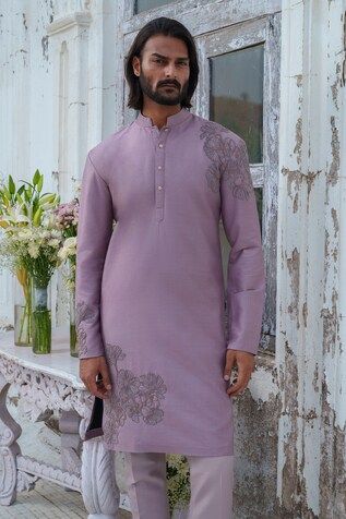 Purple full sleeves kurta with blossom thread and beaded embroidery. Paired with a trouser. - Aza Fashions Festive Silk Kurta With Embroidered Sleeves, Traditional Sherwani With Intricate Embroidery For Spring, Traditional Spring Sherwani With Intricate Embroidery, Silk Sherwani With Dabka Work And Long Sleeves, Elegant Sherwani With Embroidered Sleeves, Unstitched Long Sleeve Suit With Intricate Embroidery For Spring, Bollywood Salwar Kameez With Embroidered Sleeves For Wedding, Festive Traditional Wear With Embroidered Sleeves And Semi-stitched Fit, Bollywood Style Wedding Salwar Kameez With Embroidered Sleeves