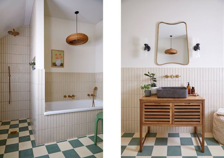 two pictures of a bathroom with green and white checkered flooring on the walls