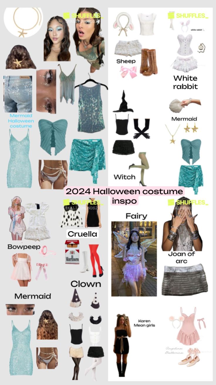 a collage of different types of clothing and accessories for halloween costumes, including dresses, skirts