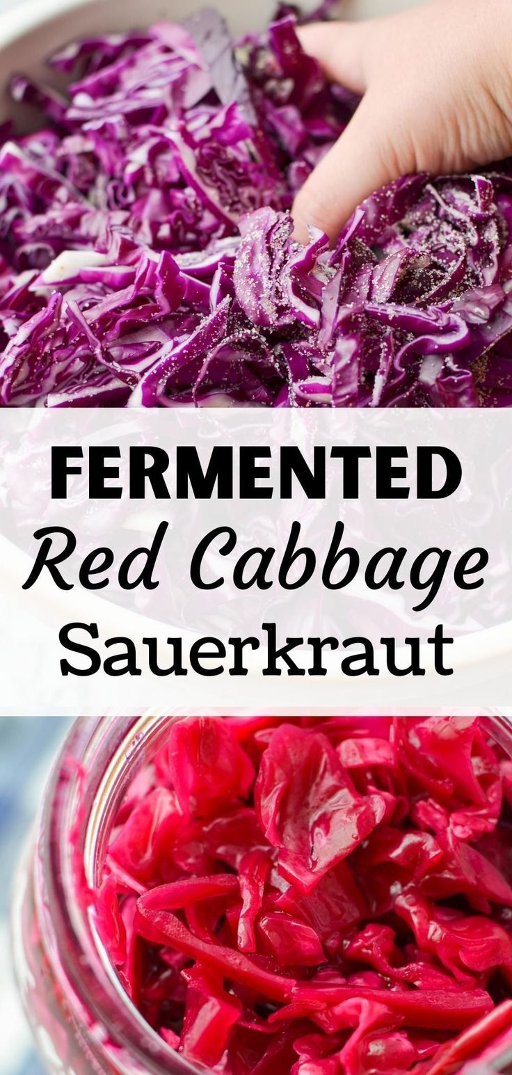 red cabbage sauerkraut in a glass jar with text overlay that reads fermented red cabbage sauerkraut