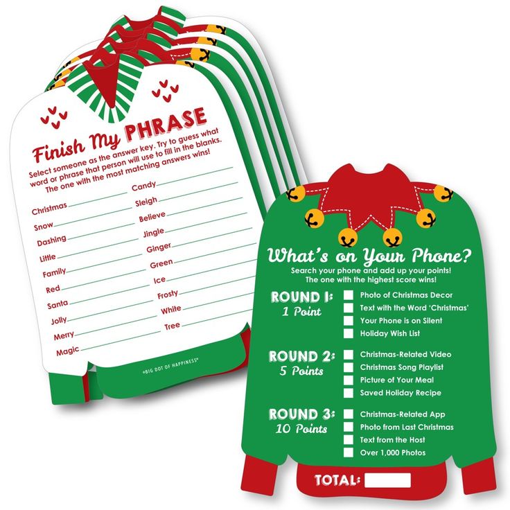 a green and red christmas party game with an elf's sweater on it, which is