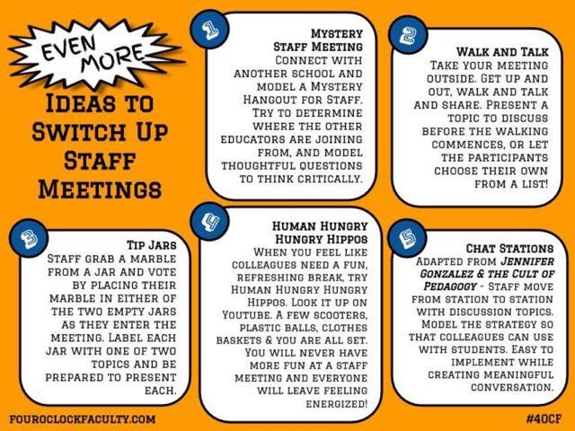 five ways to switch up staff meetings in the office and on social media, including an info sheet