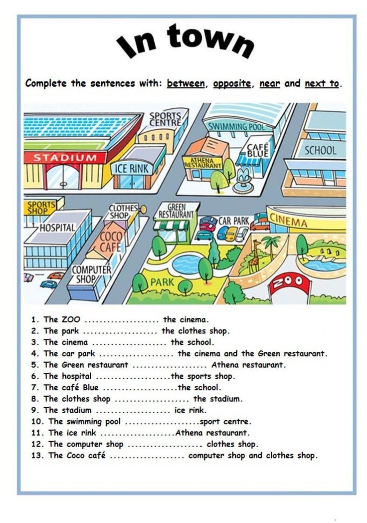 a town map with words and pictures to describe the locations on it, including buildings